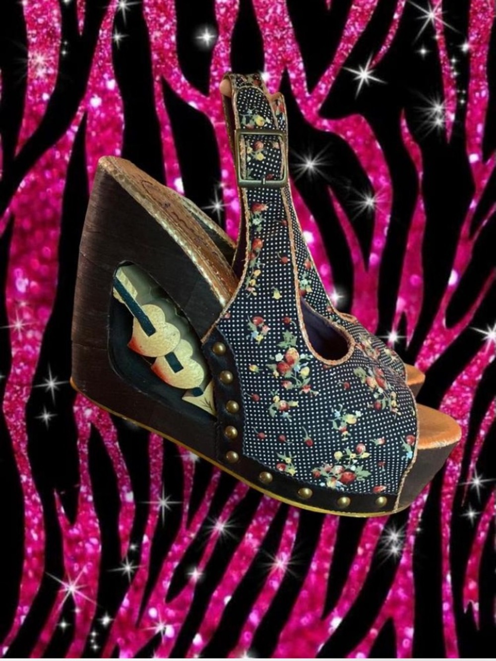 Irregular choice size 40 Strawberry Polkadot Floral Print Platform Wood Wedges